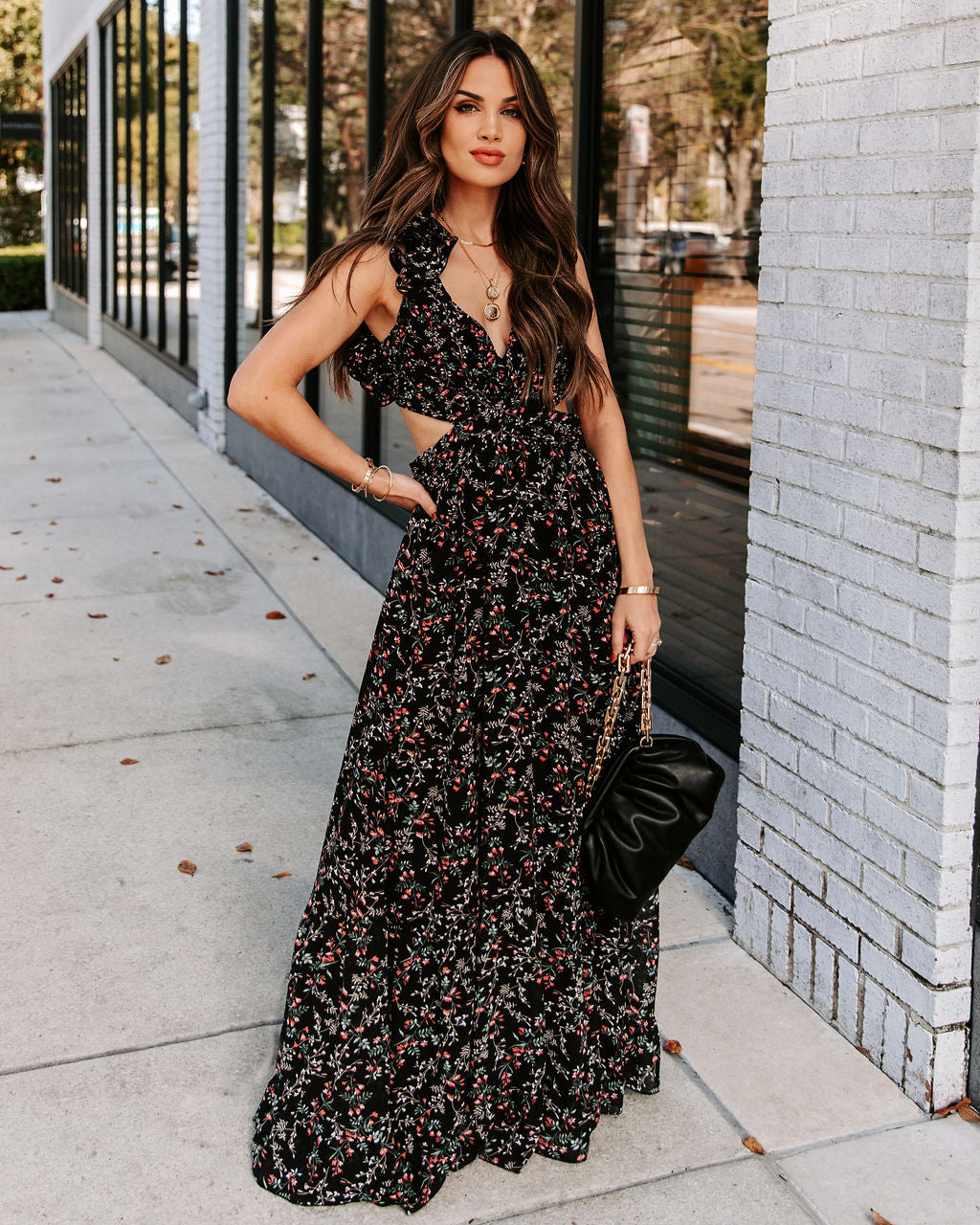 Charlotta Floral Ruffle Cutout Maxi Dress - Black - FINAL SALE Ins Street