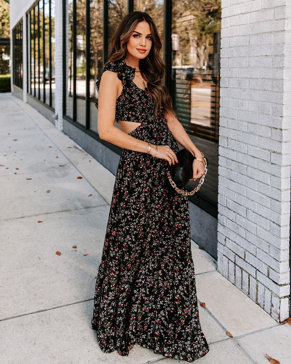 Charlotta Floral Ruffle Cutout Maxi Dress - Black - FINAL SALE Ins Street