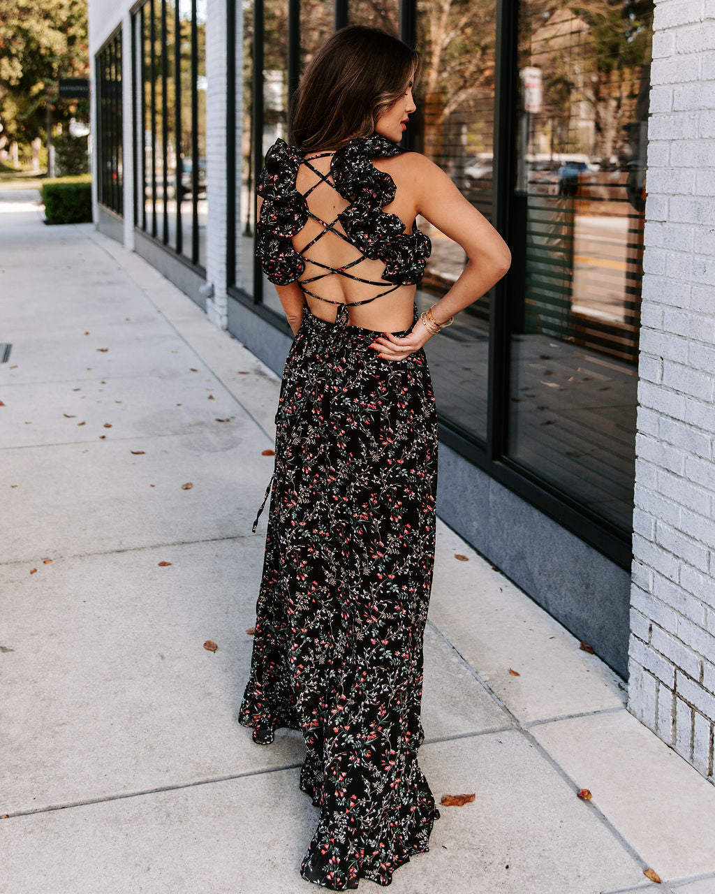 Charlotta Floral Ruffle Cutout Maxi Dress - Black - FINAL SALE Ins Street