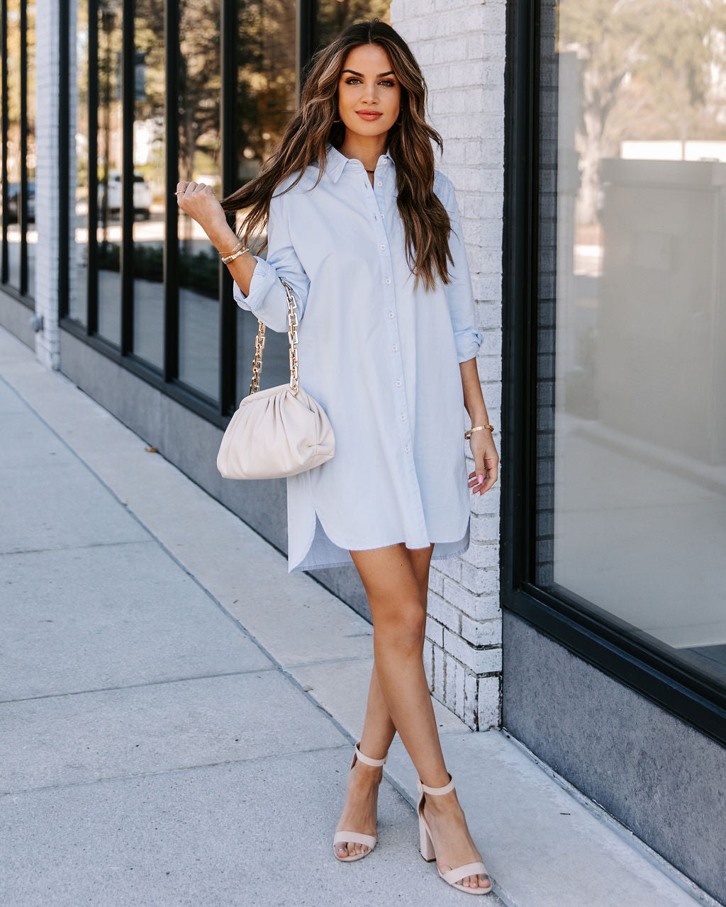 Risky Business Pocketed Button Down Shirt Dress - Sky Blue Ins Street