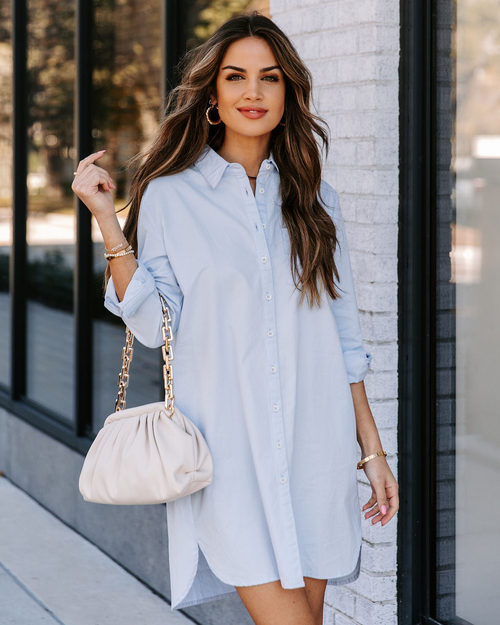 Risky Business Pocketed Button Down Shirt Dress - Sky Blue Ins Street