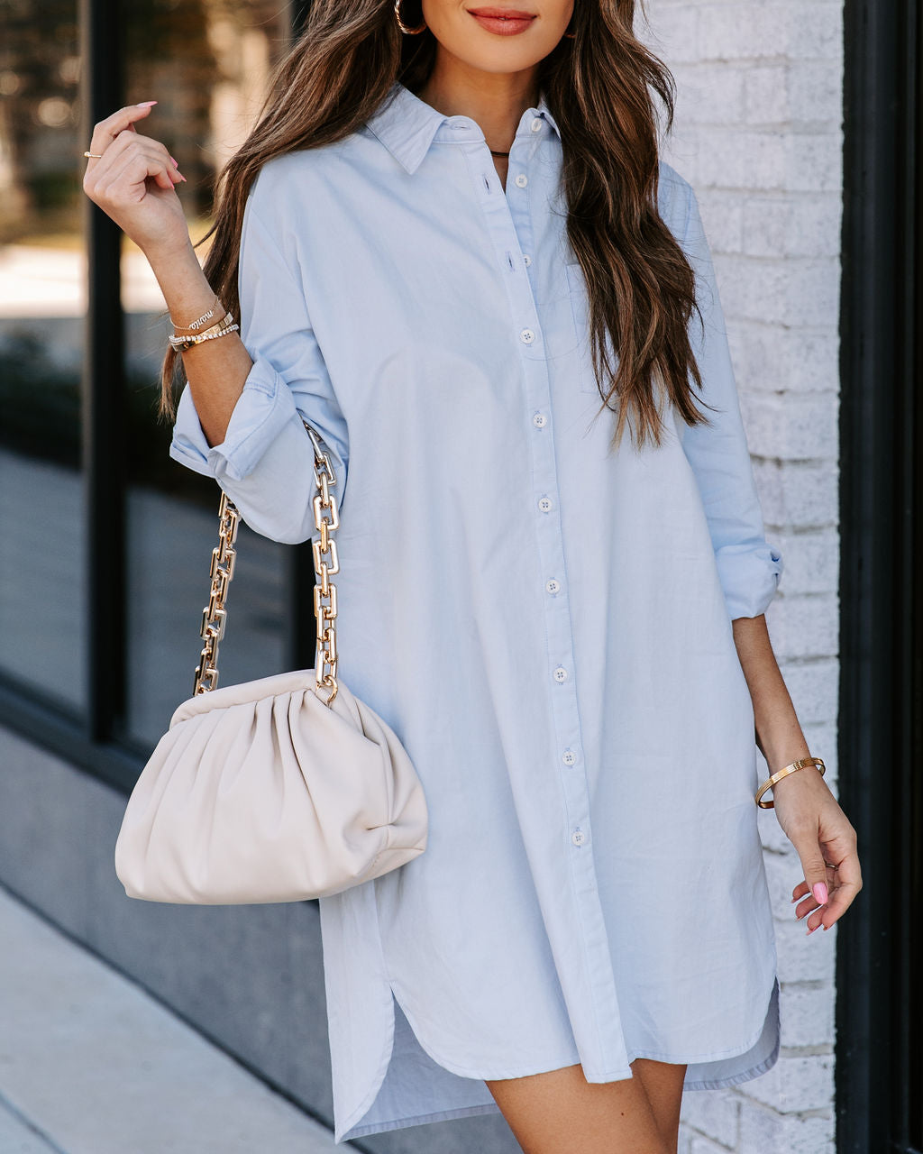 Risky Business Pocketed Button Down Shirt Dress - Sky Blue Ins Street