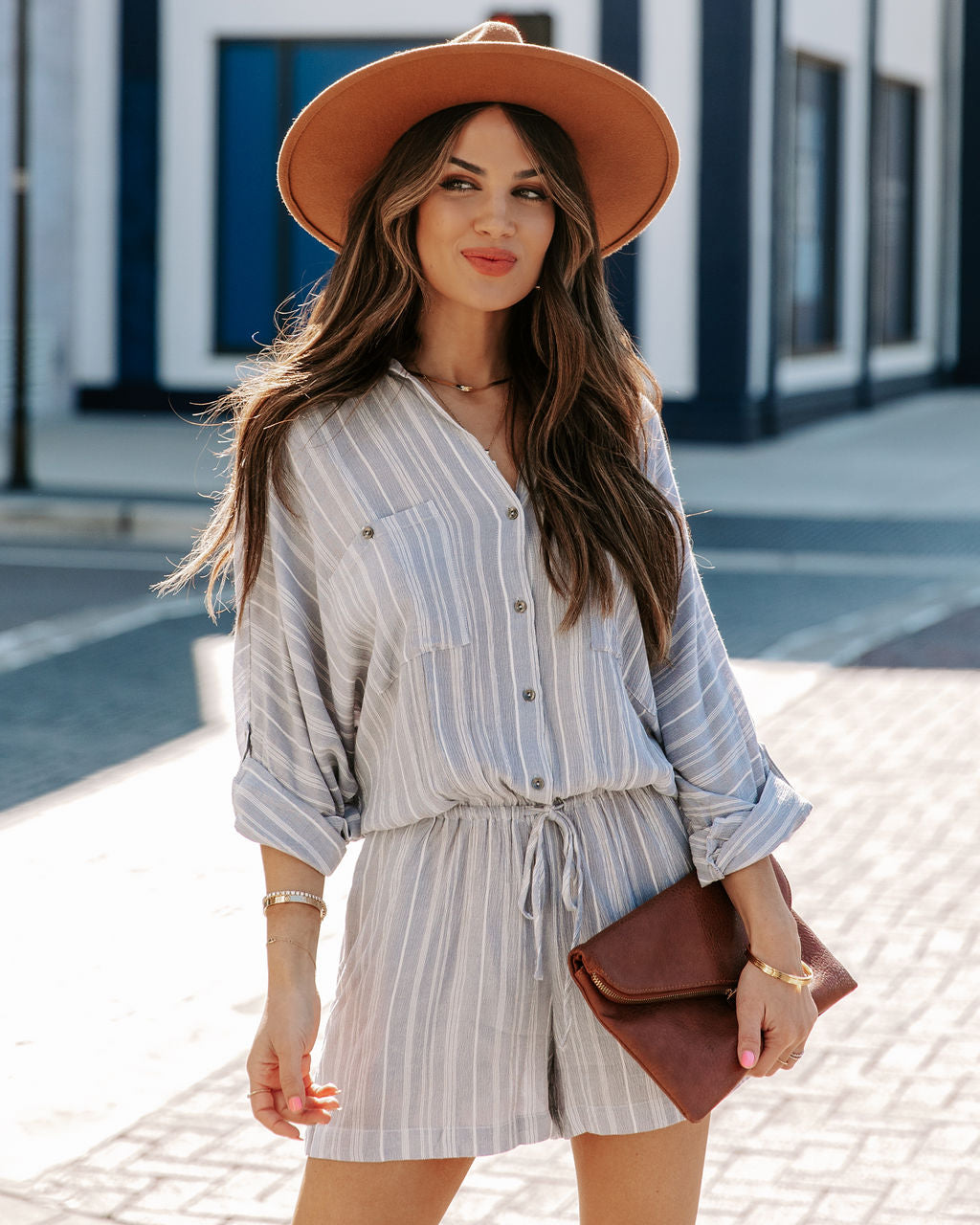 Jairo Pocketed Striped Button Down Romper - Chambray Ins Street