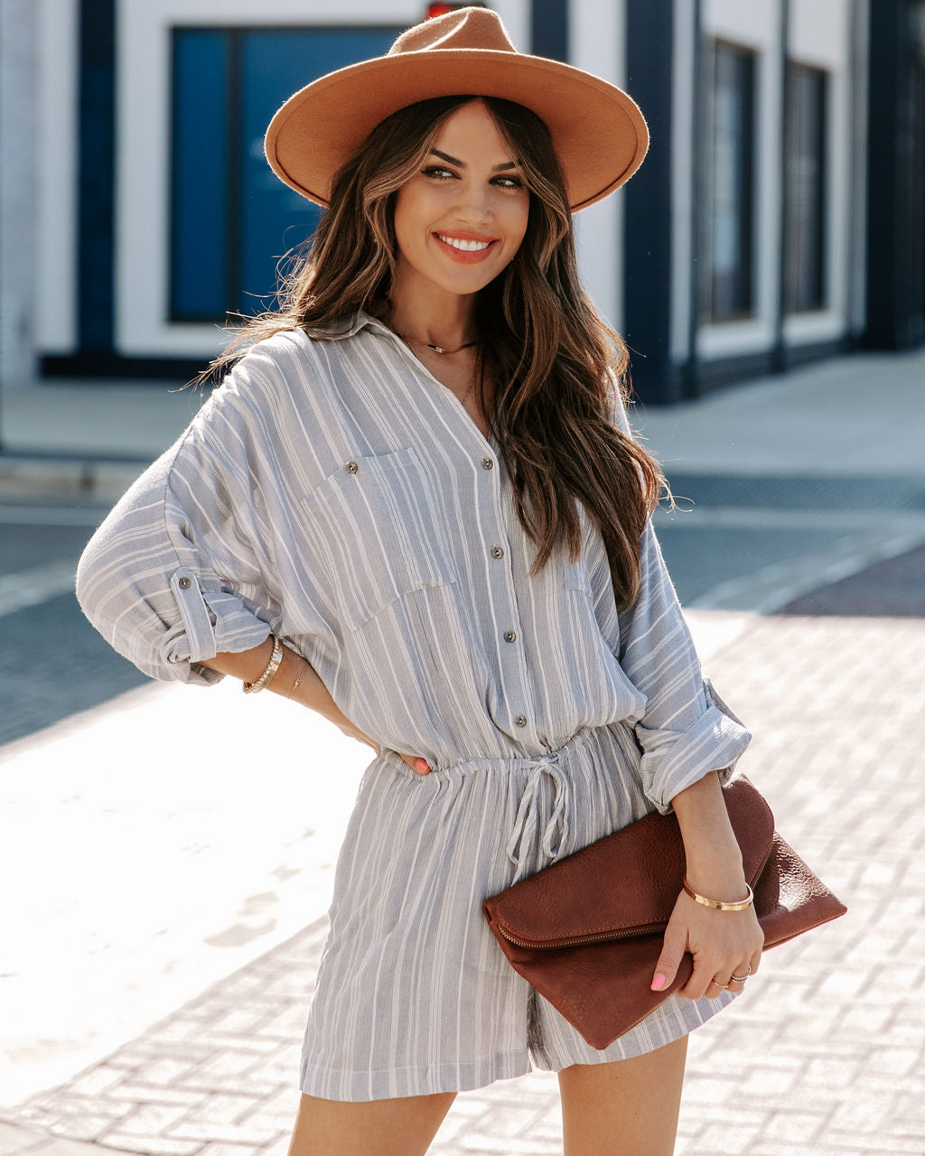 Jairo Pocketed Striped Button Down Romper - Chambray Ins Street