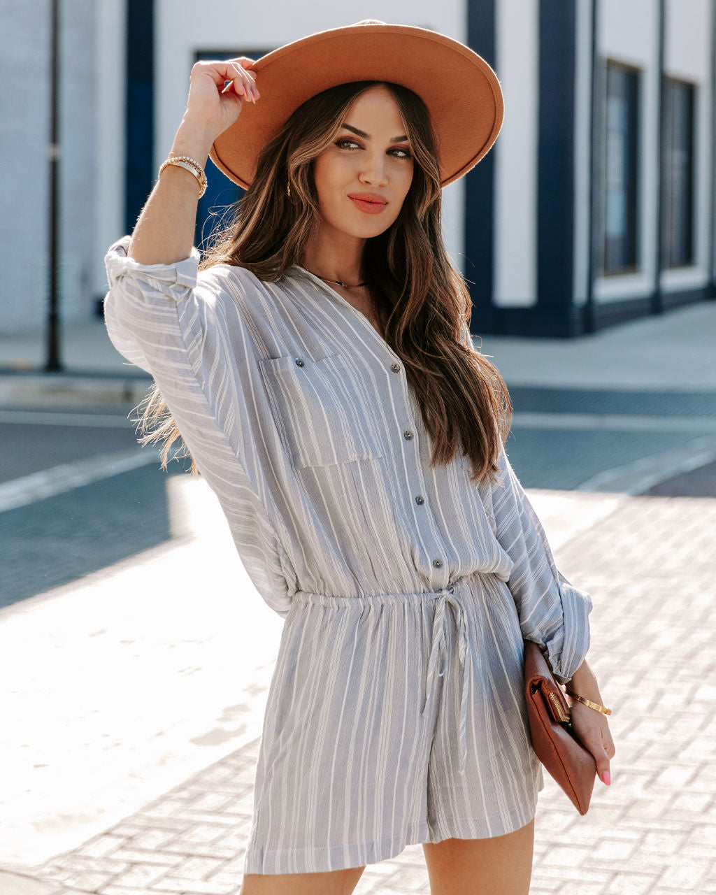 Jairo Pocketed Striped Button Down Romper - Chambray Ins Street