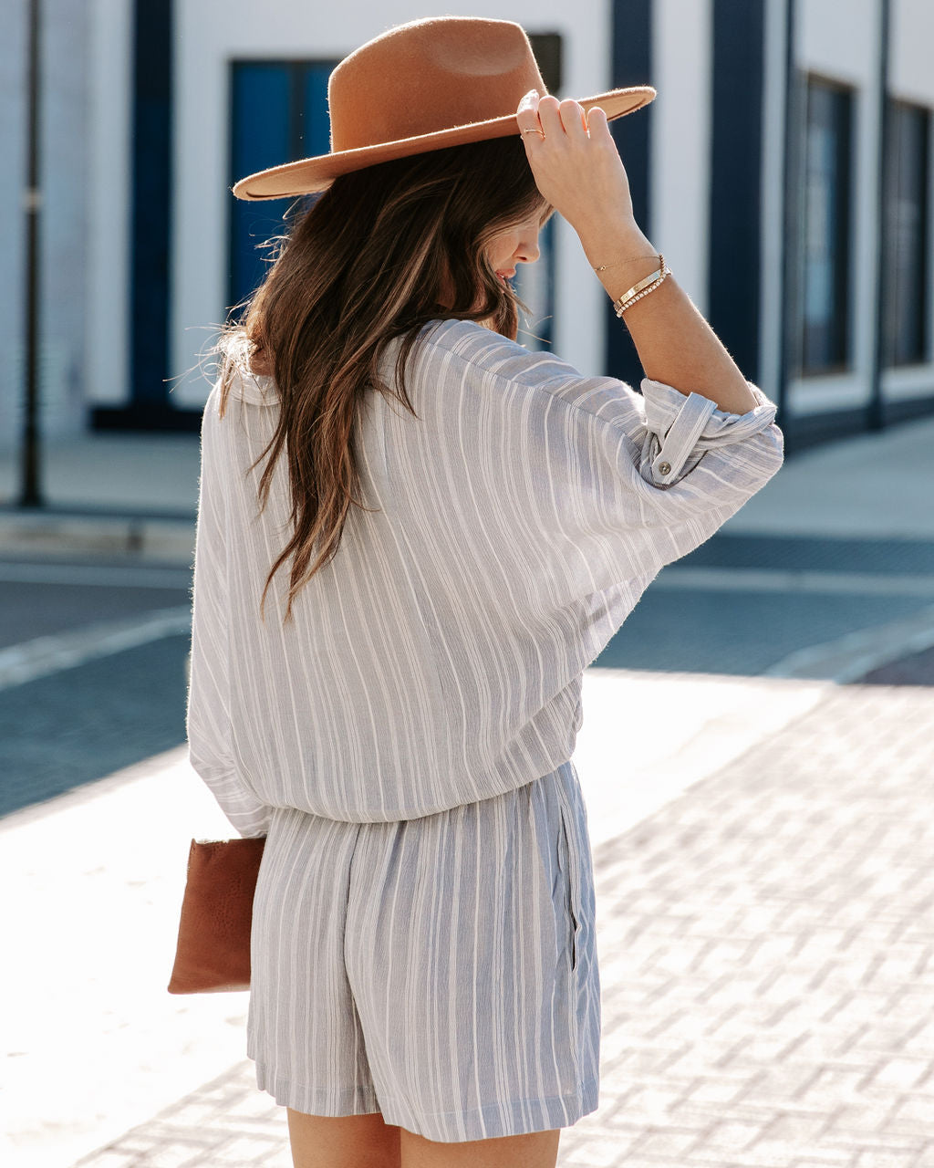 Jairo Pocketed Striped Button Down Romper - Chambray Ins Street