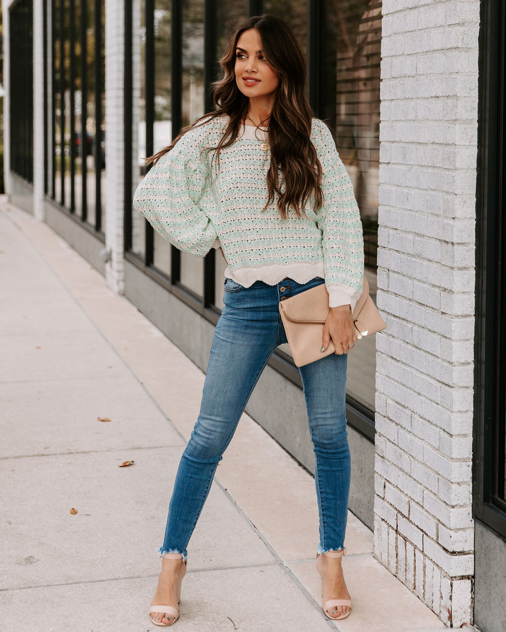 Aerin Cotton Blend Scalloped Sweater - Mint BLU-001