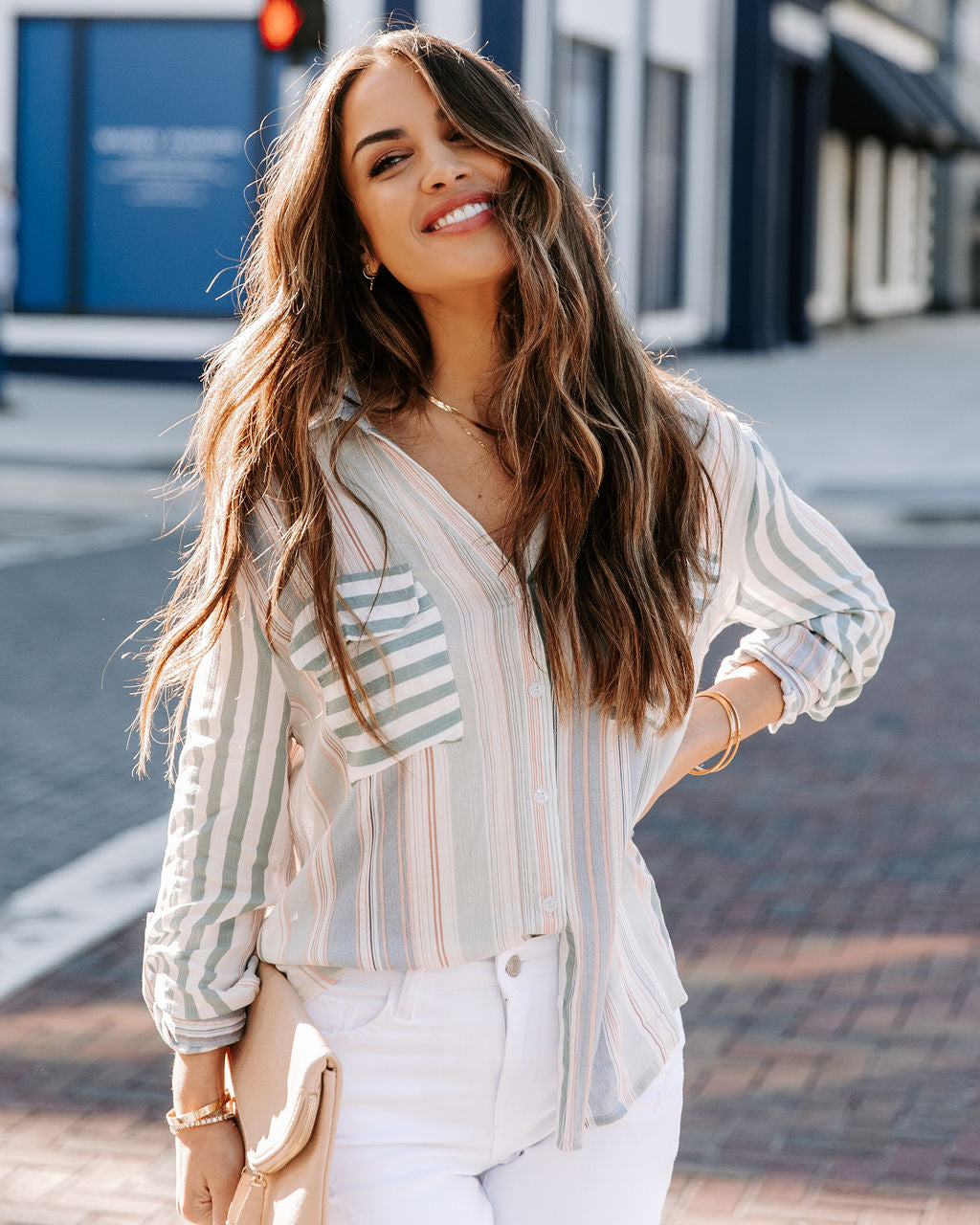 Cultivate Striped Button Down Top AEOM-001