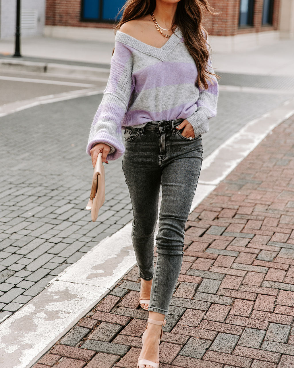 Bixley Striped V-Neck Knit Sweater - Lavender - FINAL SALE InsStreet