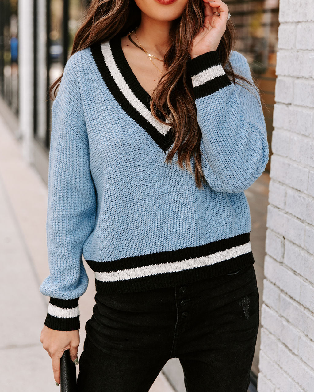 Dustin Knit Varsity Sweater - Light Blue Ins Street