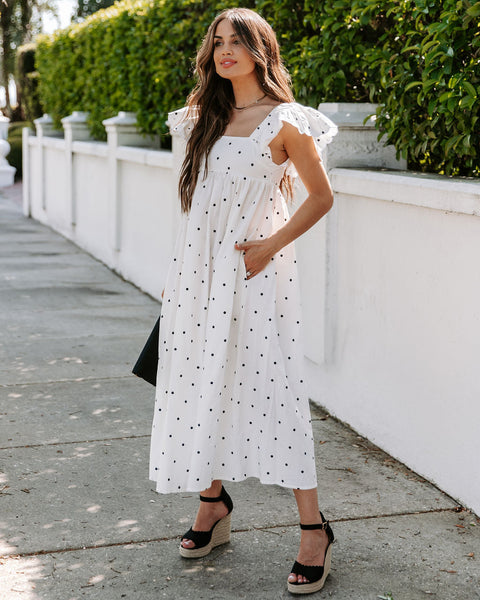 Edith Cotton Pocketed Polka Dot Midi Dress - White – InsStreet