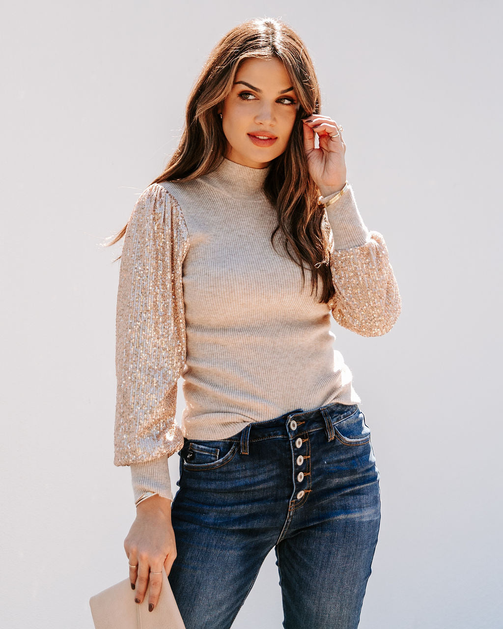 From A Dream Sequin Mock Neck Knit Top - Oatmeal Ins Street