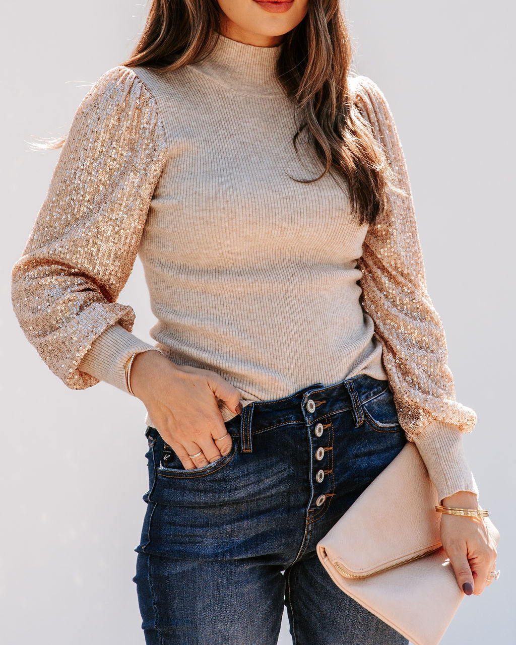 From A Dream Sequin Mock Neck Knit Top - Oatmeal Ins Street