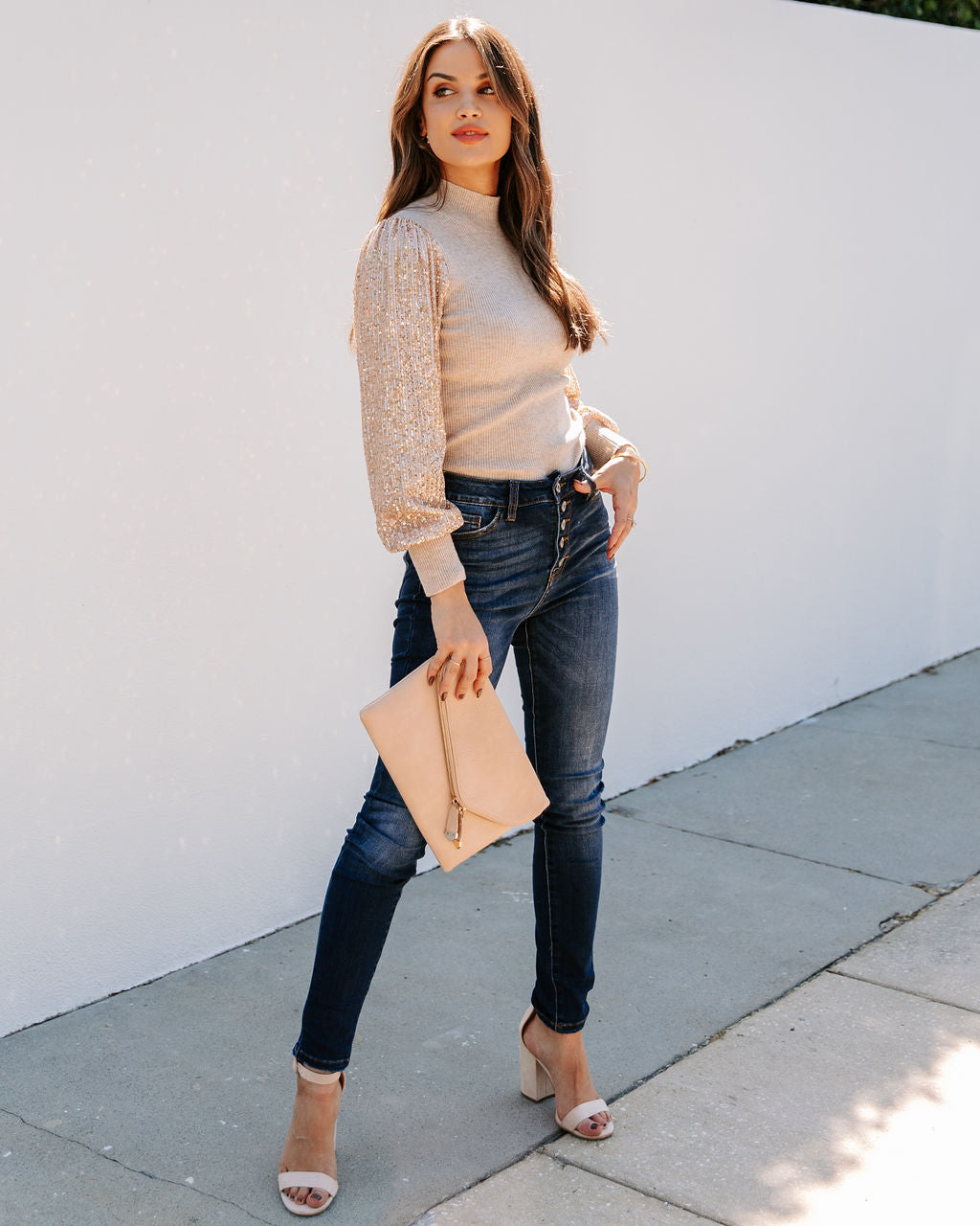 From A Dream Sequin Mock Neck Knit Top - Oatmeal Ins Street