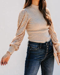 From A Dream Sequin Mock Neck Knit Top - Oatmeal Ins Street