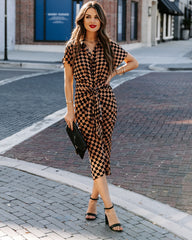 Checkmate Printed Tie Front Midi Shirt Dress Ins Street