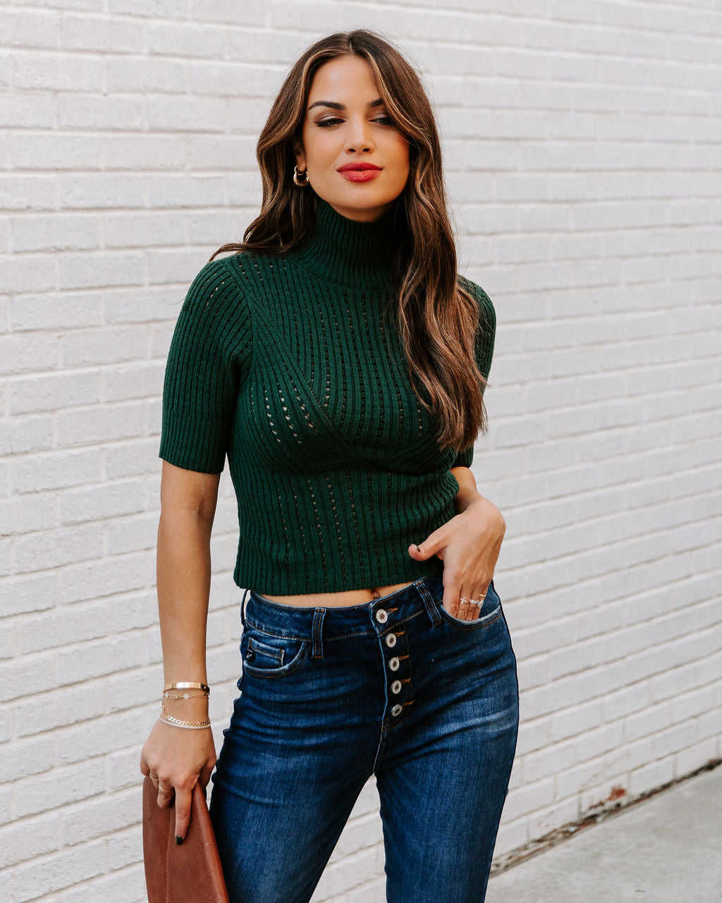 Ashtyn Cotton Blend Crop Turtleneck Top - Pine InsStreet