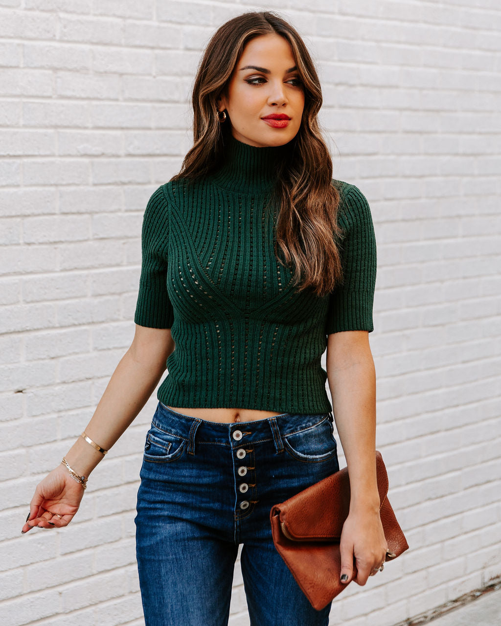 Ashtyn Cotton Blend Crop Turtleneck Top - Pine InsStreet