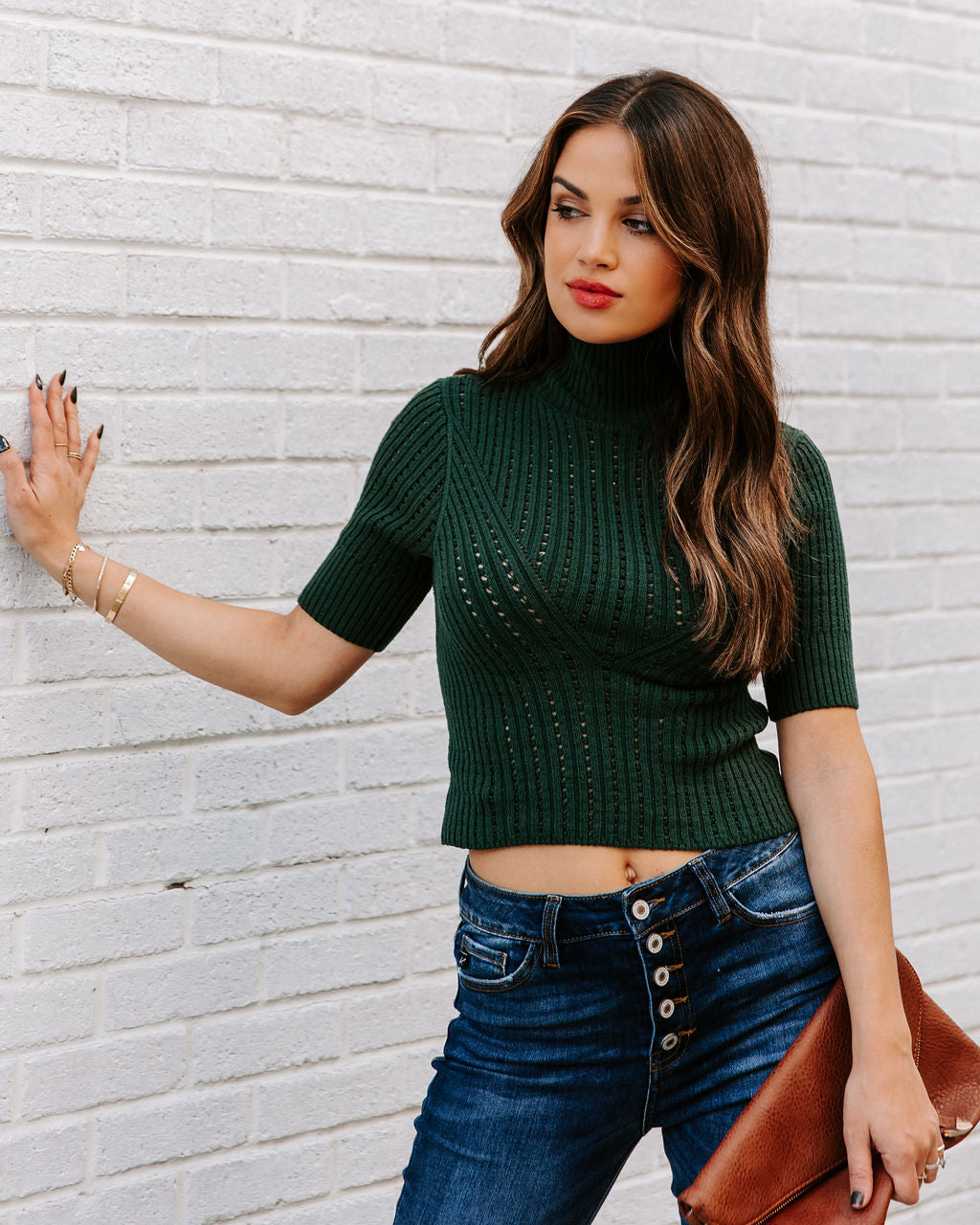 Ashtyn Cotton Blend Crop Turtleneck Top - Pine InsStreet