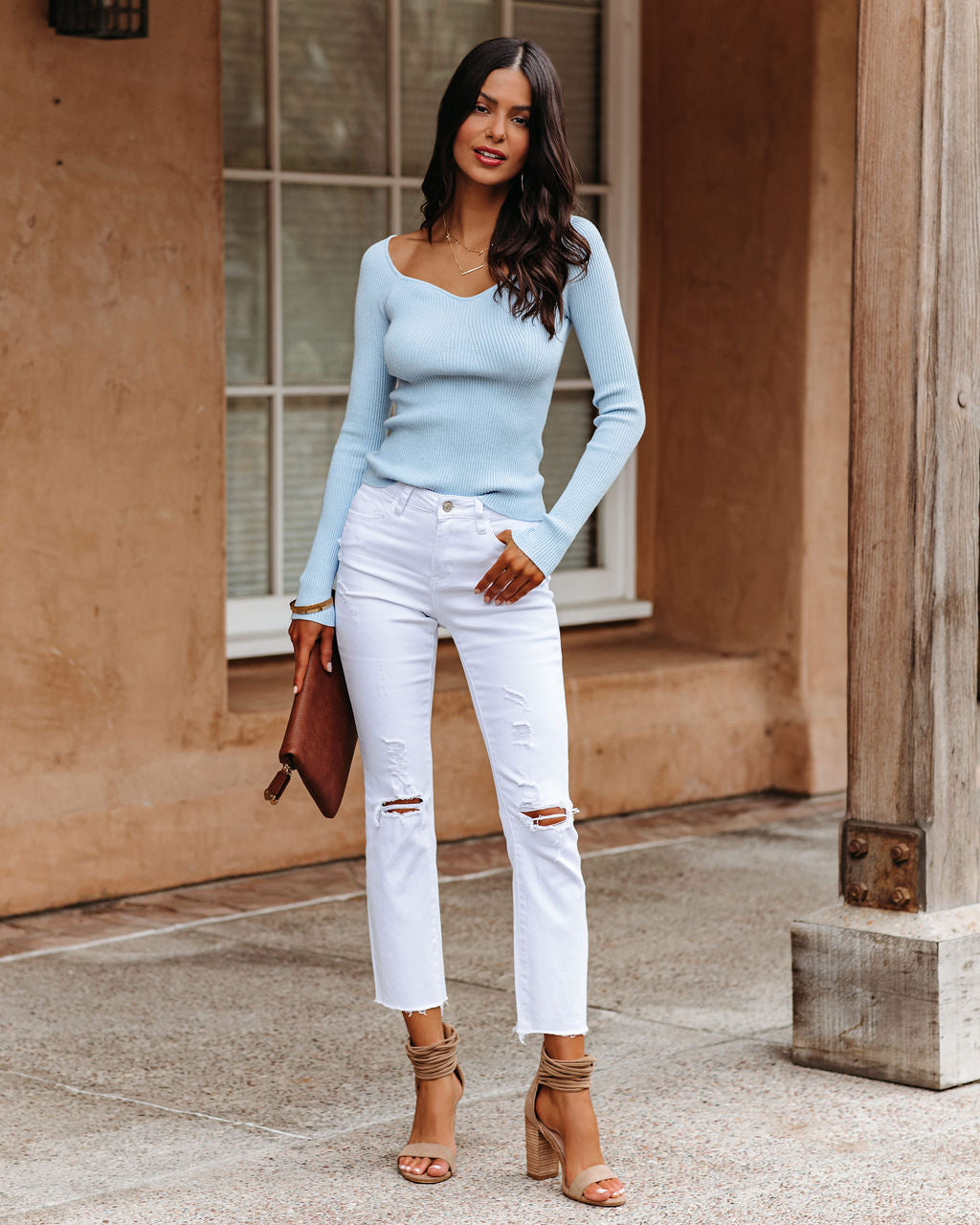 Emily Long Sleeve Ribbed Knit Top - Baby Blue Ins Street