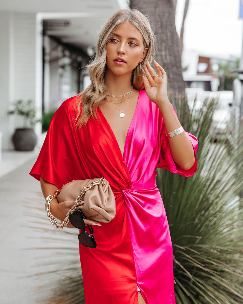Essex Satin Colorblock Twist Midi Dress - Red Pink - FINAL SALE Ins Street