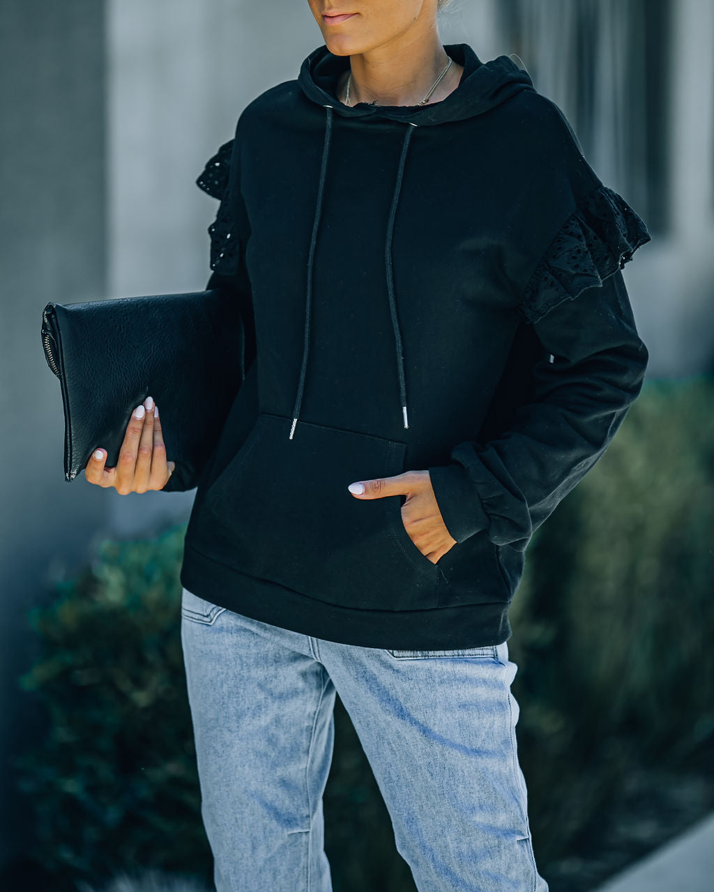 Valeria Pocketed Eyelet Trim Hoodie - Black - FINAL SALE ON T-001