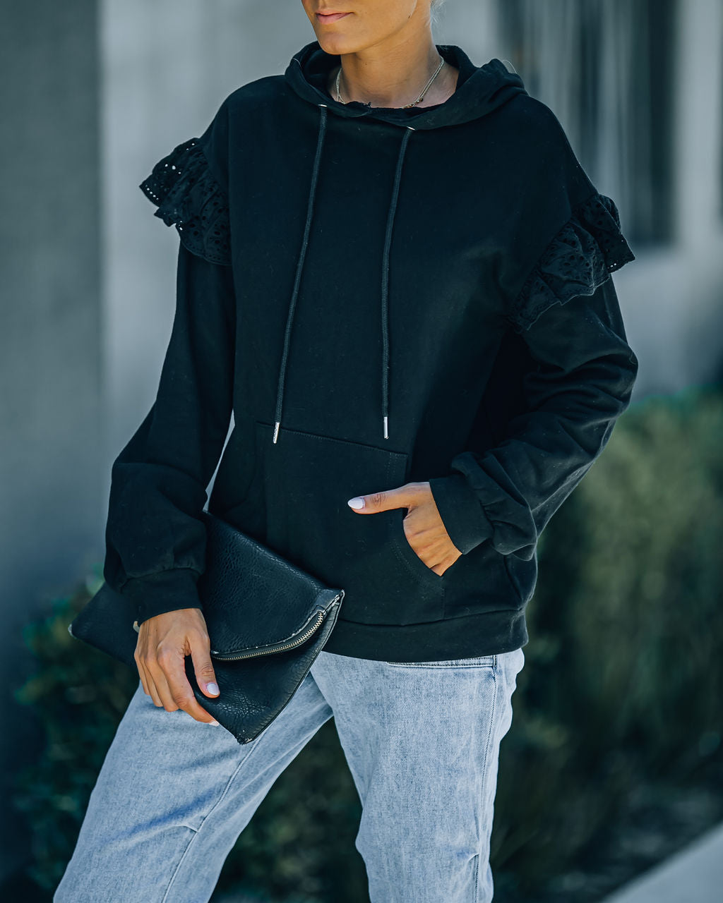 Valeria Pocketed Eyelet Trim Hoodie - Black - FINAL SALE ON T-001