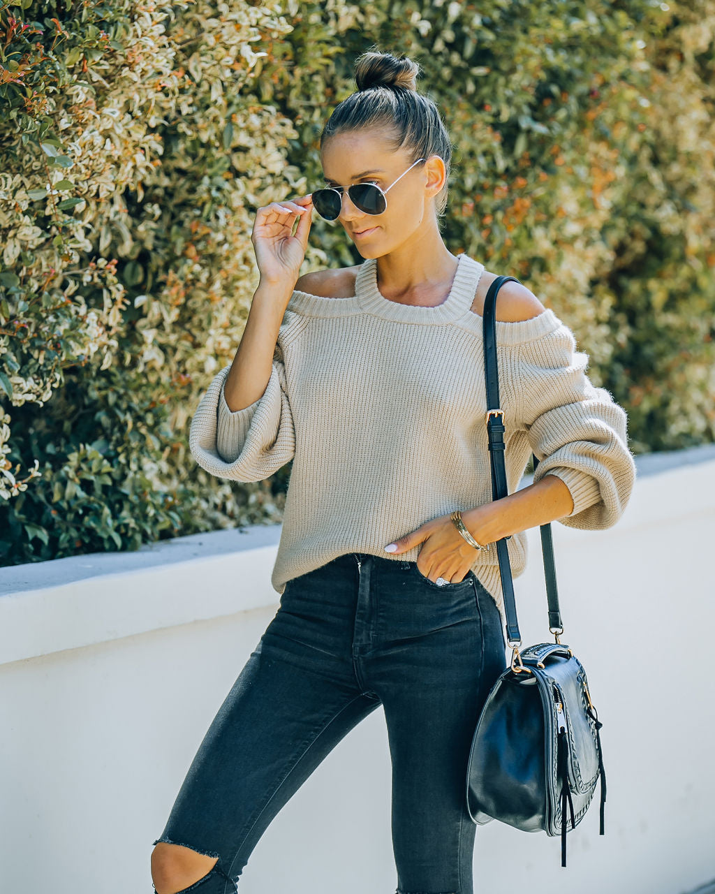 Malia Cold Shoulder Knit Sweater - Sand Ins Street