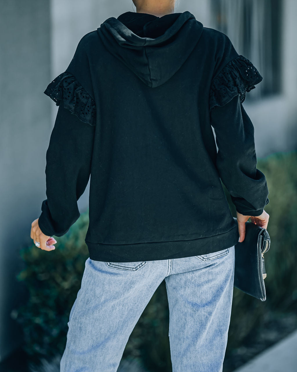 Valeria Pocketed Eyelet Trim Hoodie - Black - FINAL SALE ON T-001