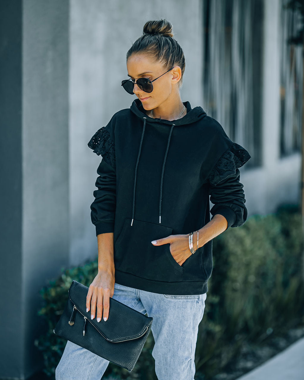 Valeria Pocketed Eyelet Trim Hoodie - Black - FINAL SALE ON T-001