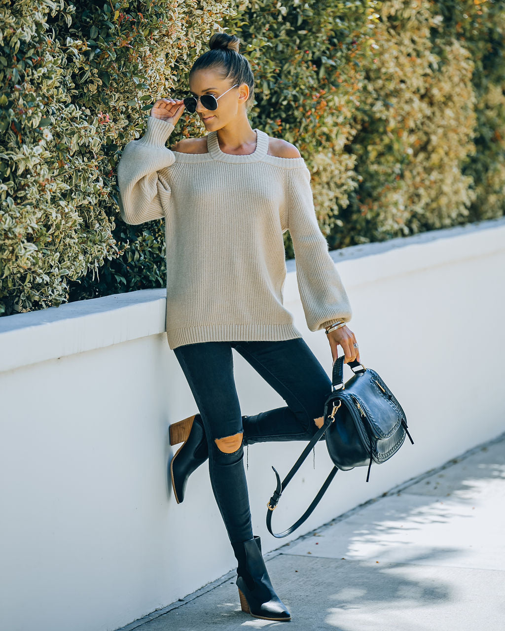 Malia Cold Shoulder Knit Sweater - Sand Ins Street