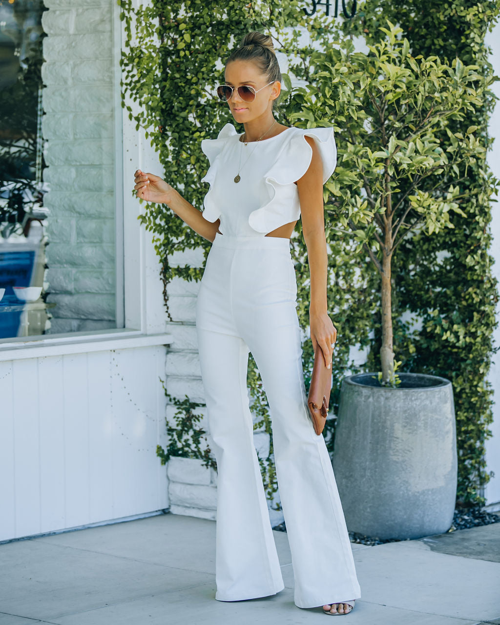 PREORDER - Kadie Cotton Blend Flared Denim Jumpsuit - White Ins Street