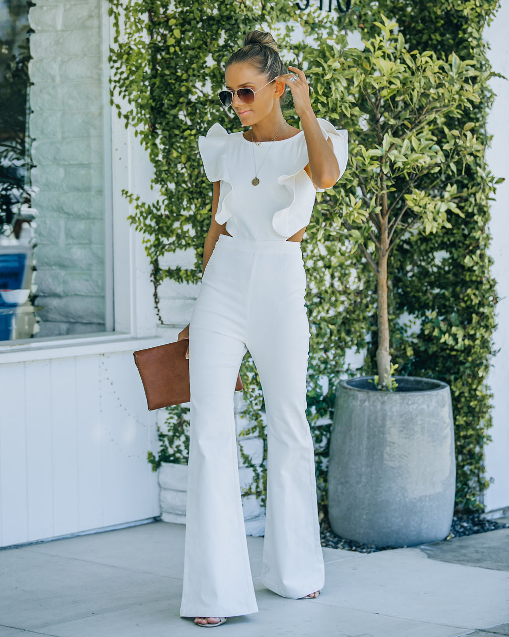 PREORDER - Kadie Cotton Blend Flared Denim Jumpsuit - White Ins Street