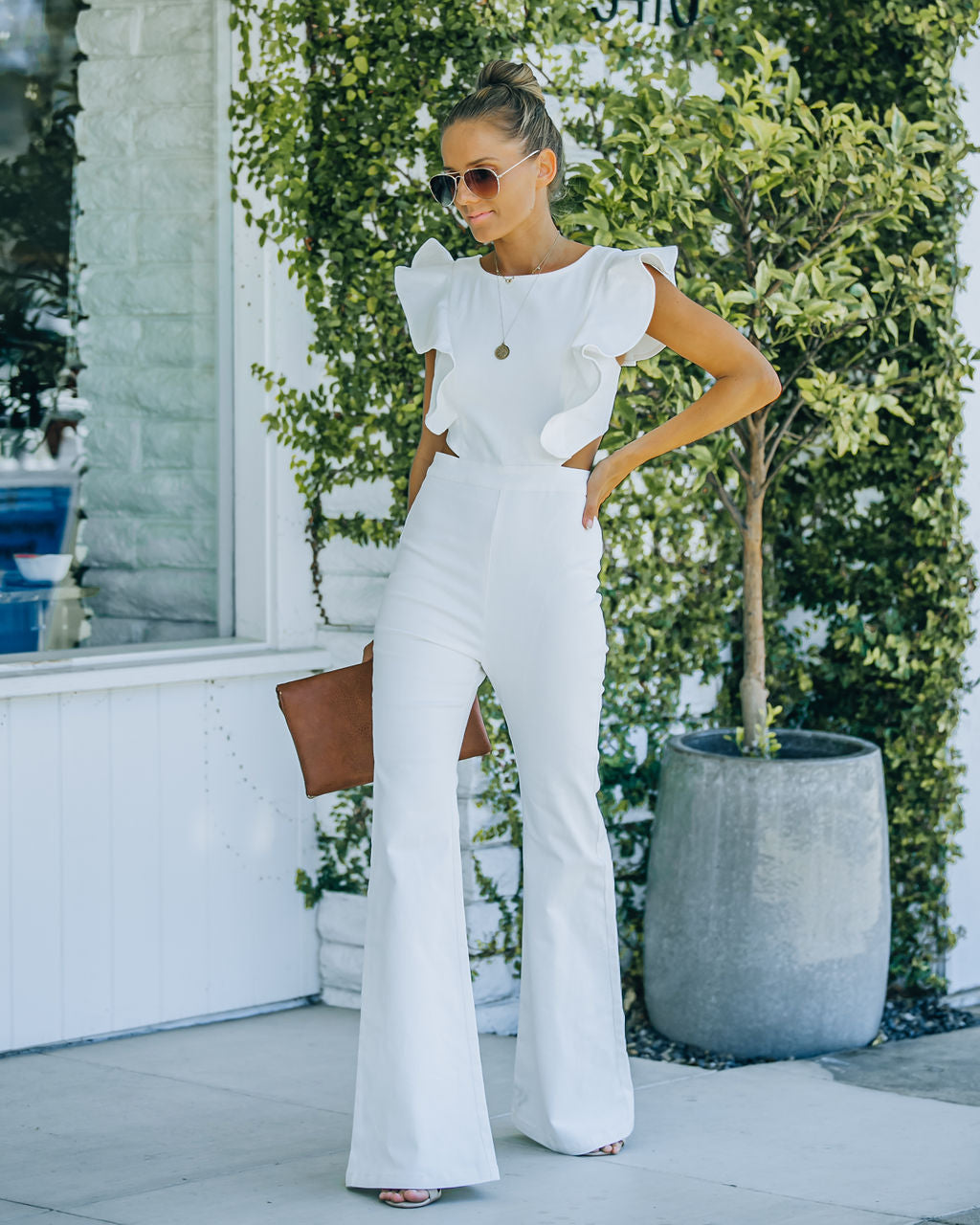 PREORDER - Kadie Cotton Blend Flared Denim Jumpsuit - White Ins Street