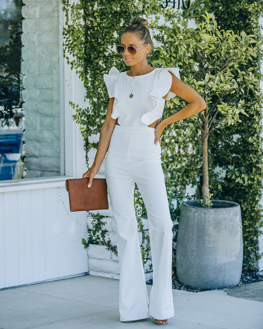 PREORDER - Kadie Cotton Blend Flared Denim Jumpsuit - White Ins Street