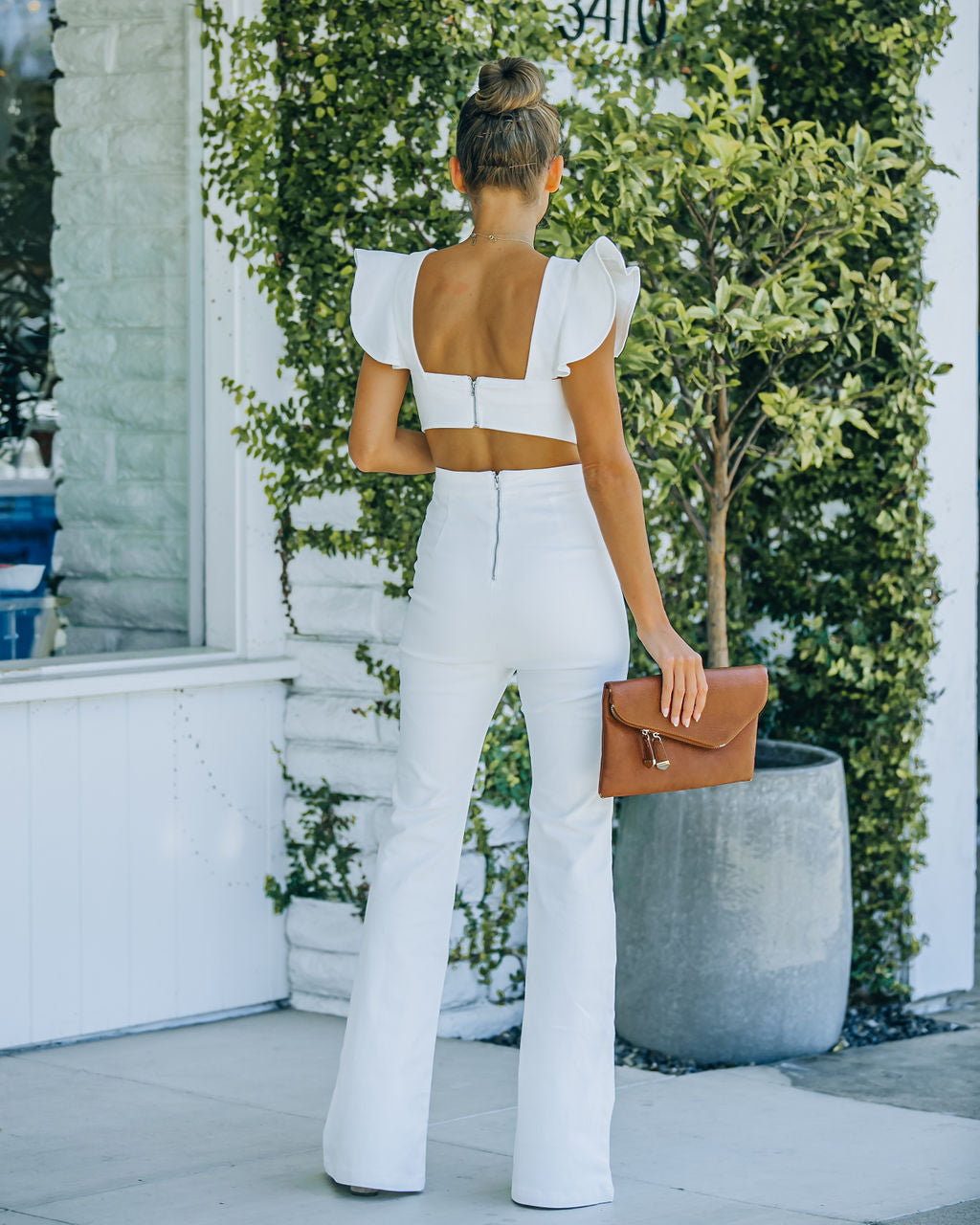 PREORDER - Kadie Cotton Blend Flared Denim Jumpsuit - White Ins Street