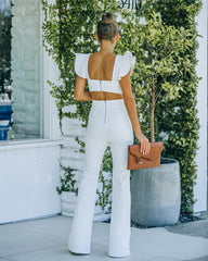 PREORDER - Kadie Cotton Blend Flared Denim Jumpsuit - White Ins Street