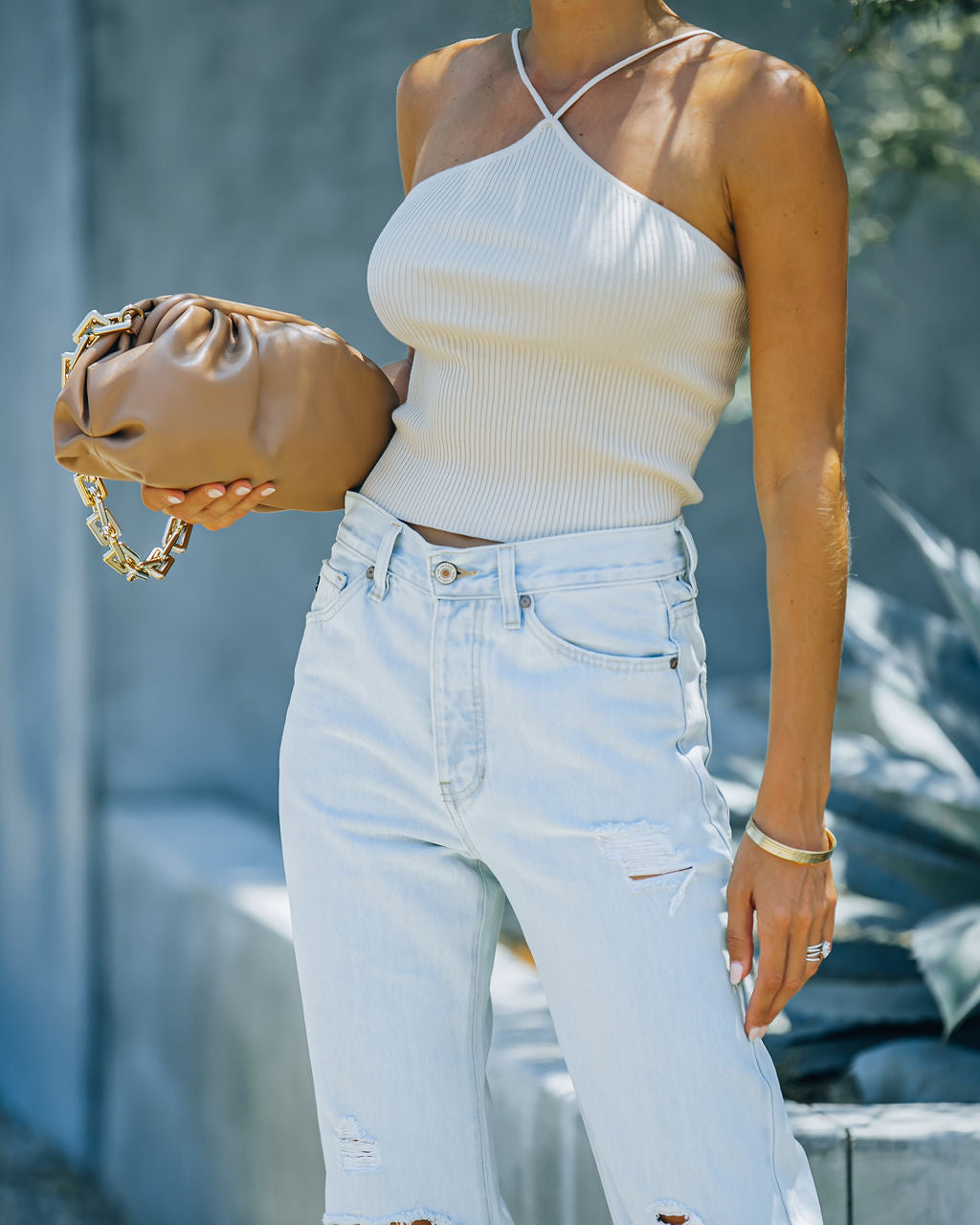 Slick Ribbed Halter Crop Top - Cream - FINAL SALE Ins Street