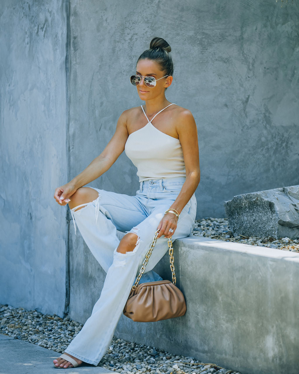 Slick Ribbed Halter Crop Top - Cream - FINAL SALE Ins Street