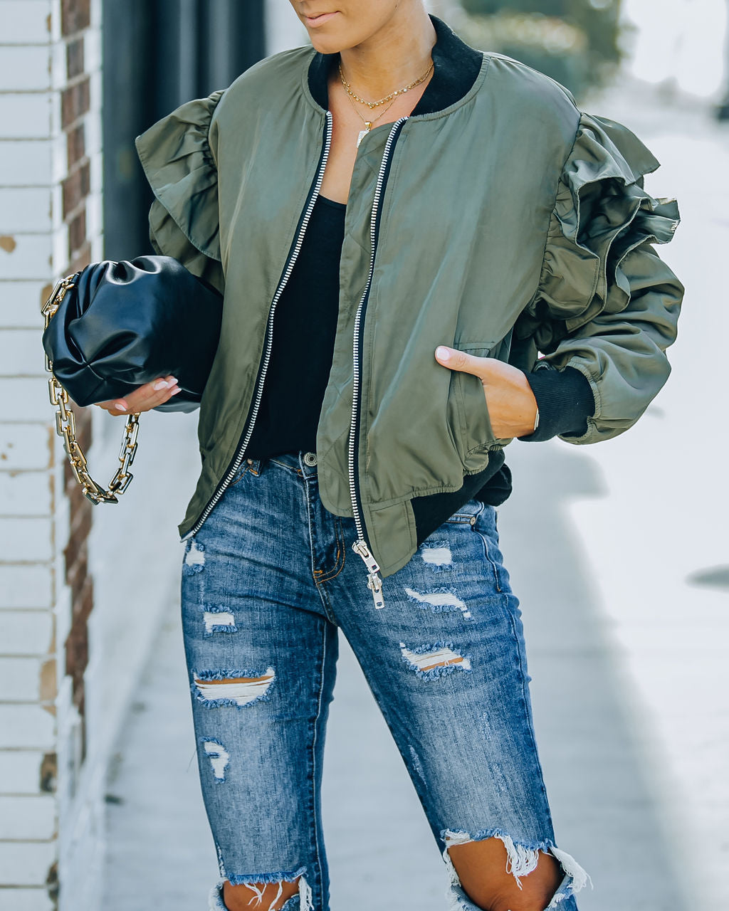 Benz Pocketed Ruffle Bomber Jacket - Olive InsStreet