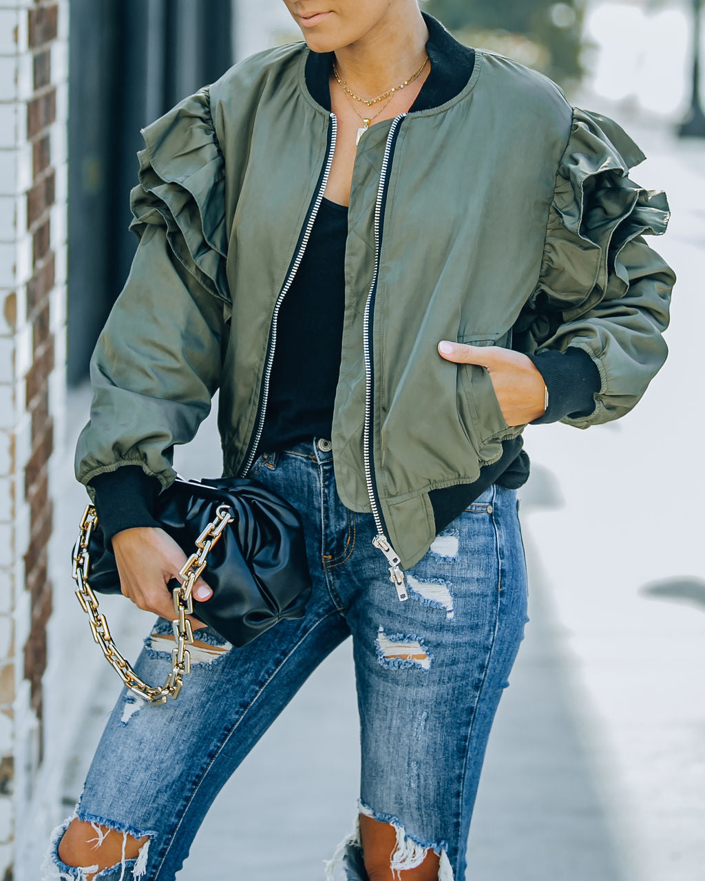 Benz Pocketed Ruffle Bomber Jacket - Olive InsStreet