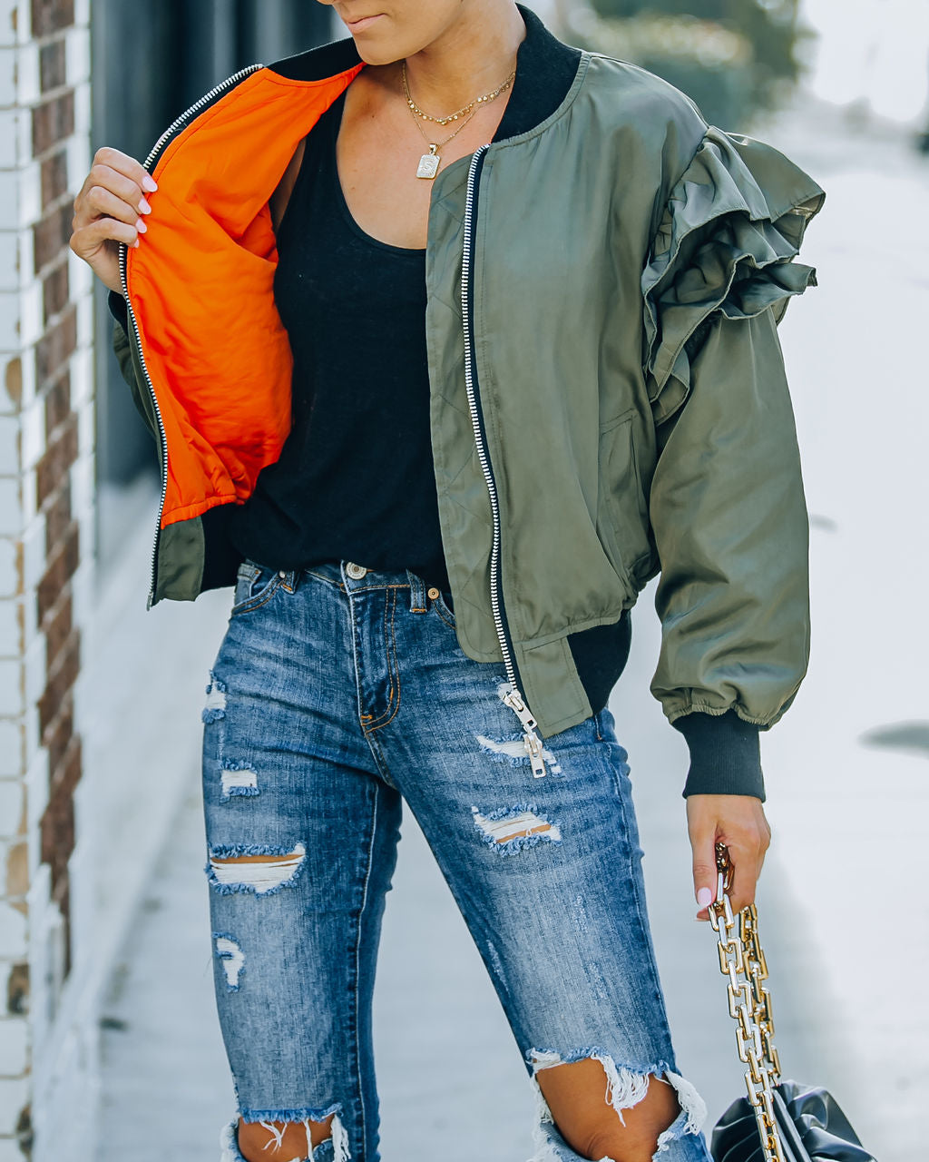 Benz Pocketed Ruffle Bomber Jacket - Olive InsStreet