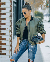 Benz Pocketed Ruffle Bomber Jacket - Olive InsStreet