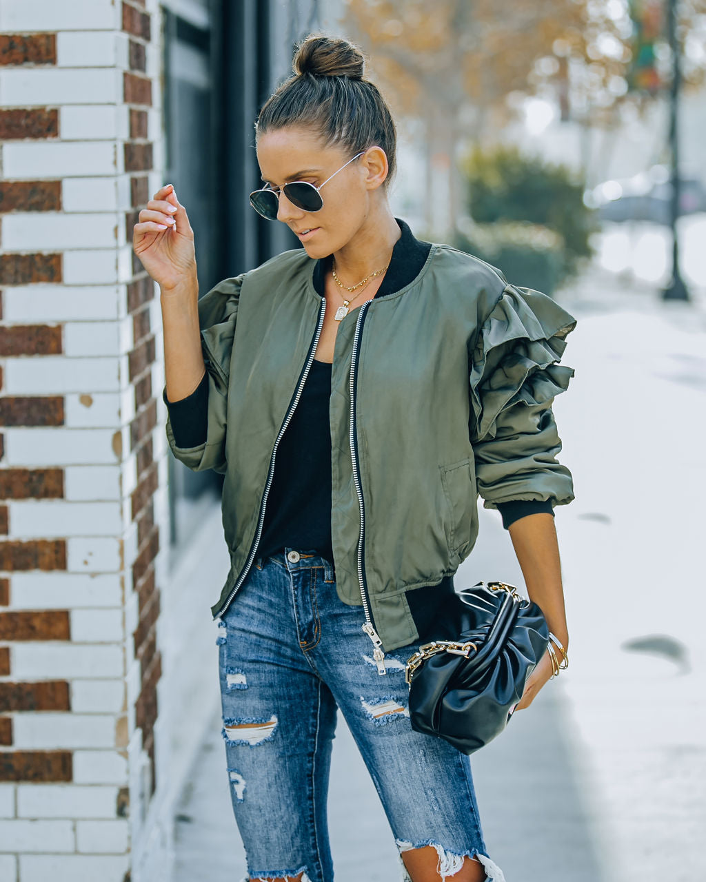 Benz Pocketed Ruffle Bomber Jacket - Olive InsStreet