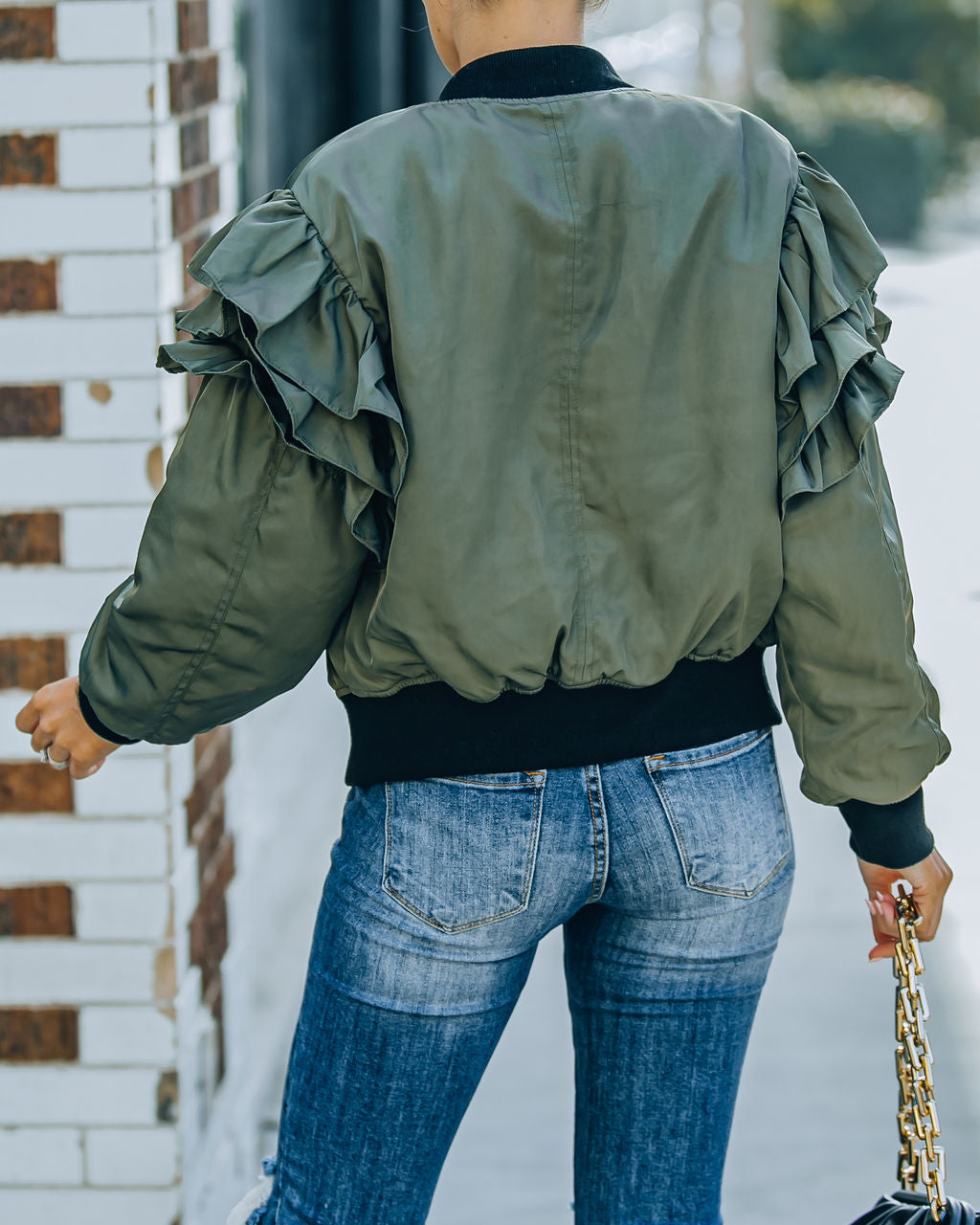 Benz Pocketed Ruffle Bomber Jacket - Olive InsStreet