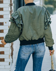 Benz Pocketed Ruffle Bomber Jacket - Olive InsStreet