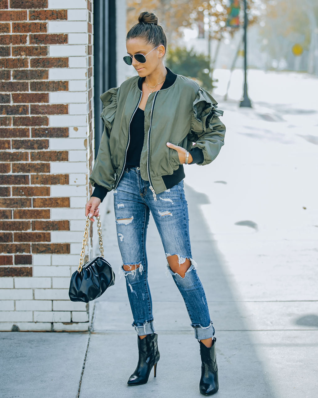 Benz Pocketed Ruffle Bomber Jacket - Olive InsStreet