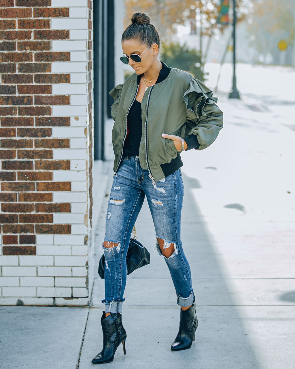 Benz Pocketed Ruffle Bomber Jacket - Olive InsStreet