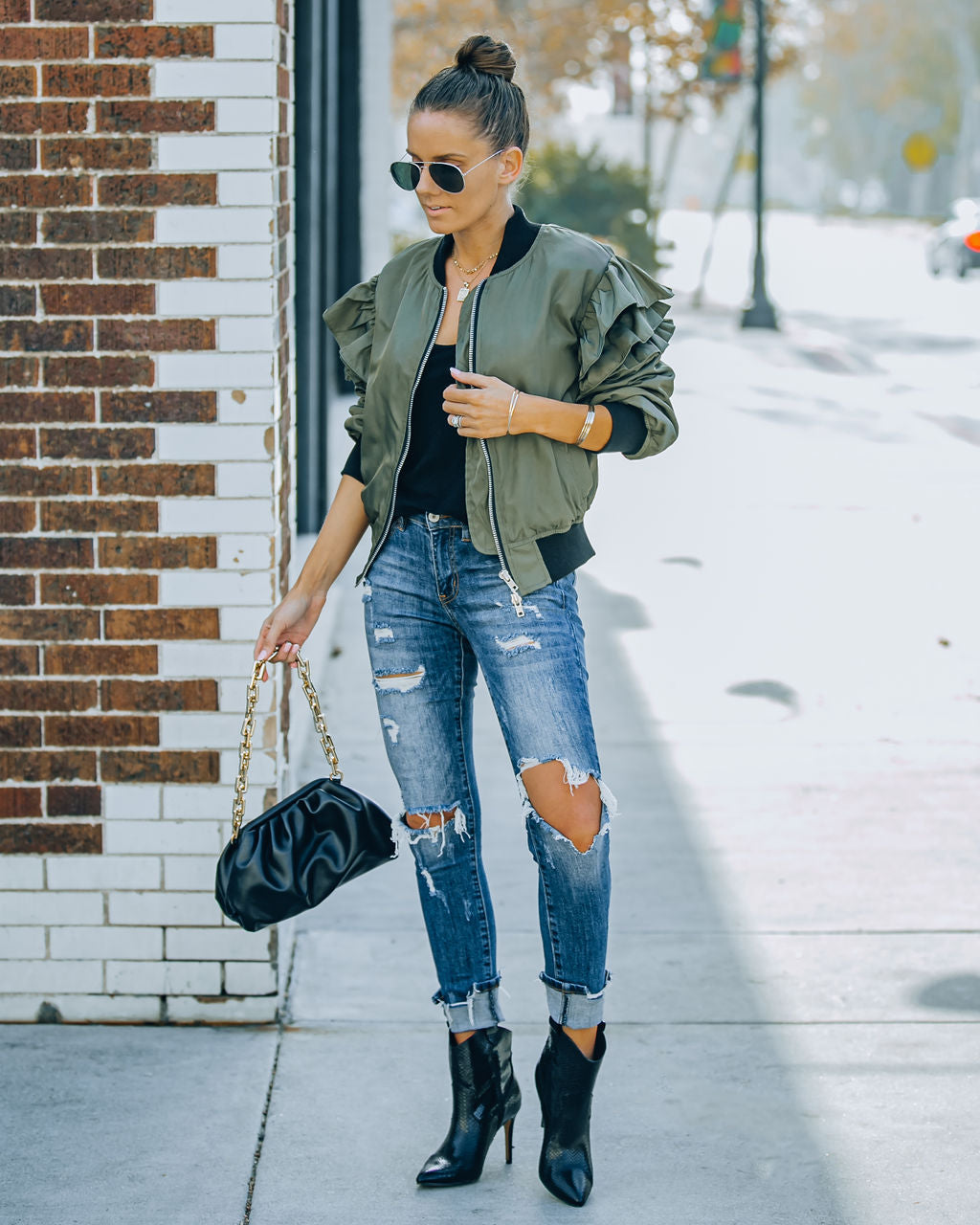 Benz Pocketed Ruffle Bomber Jacket - Olive InsStreet