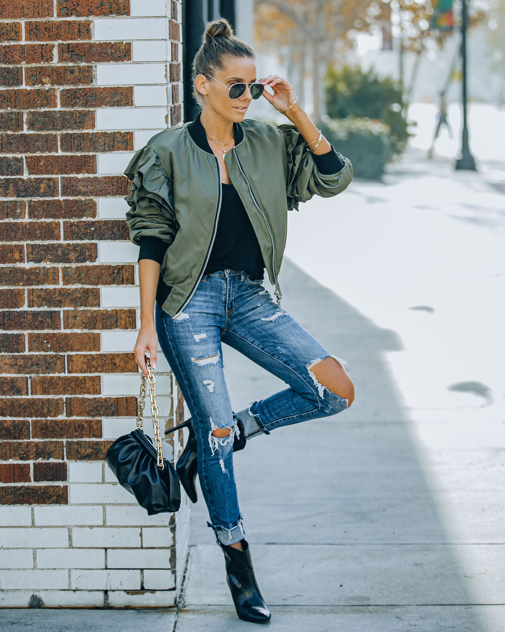 Benz Pocketed Ruffle Bomber Jacket - Olive InsStreet